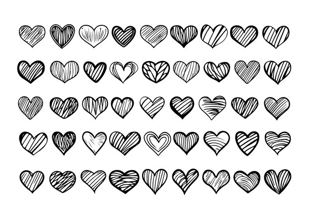 Vector hand drawn heart hearts love valentines day doodle scribble black line art sketch icon set vector