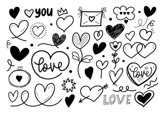 Cuore disegnato a mano cuori amore san valentino doodle scarabocchio linea nera arte schizzo set di icone vettore