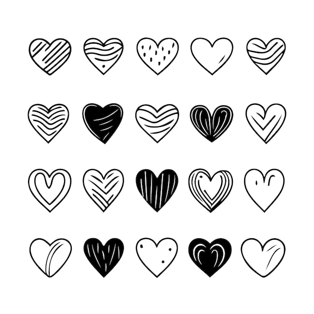 Hand drawn heart hearts love valentines day doodle scribble black line art sketch icon set vector