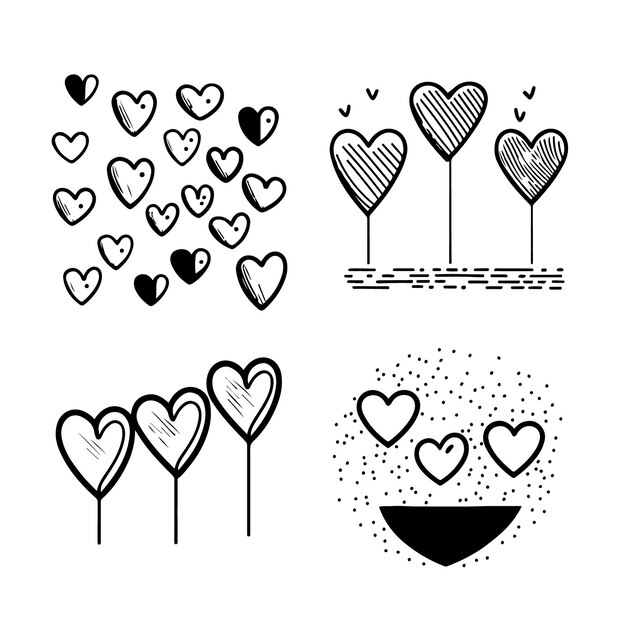 Hand drawn heart hearts love valentines day doodle scribble black line art sketch icon set vector