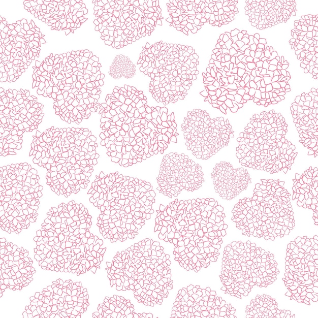 Hand drawn heart made of flowers pink line art seamless pattern on a white background