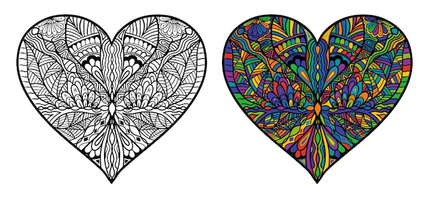 Hand drawn heart shape coloring page for adults line art drawing outline vector illustration