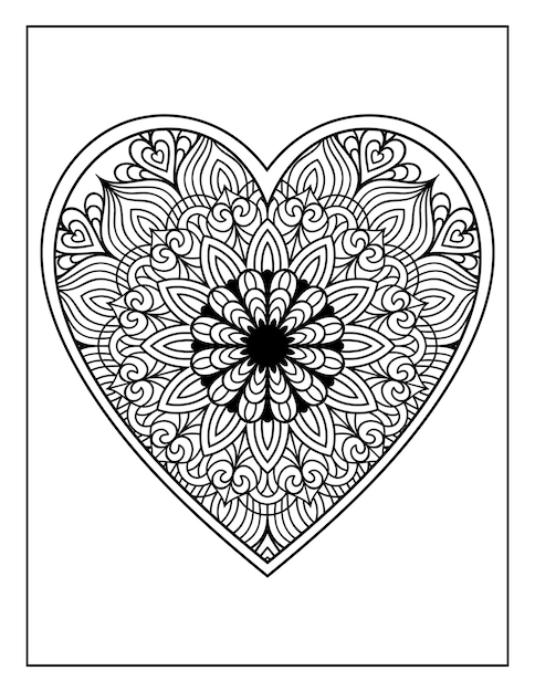 Motivo floreale mandala a forma di cuore disegnato a mano per adulti pagina da colorare, pagine da colorare cuore mandala