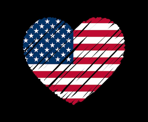 Hand drawn heart shape with flag of usa.