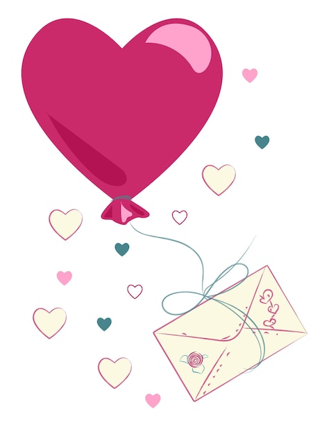 Vector hand drawn heart shaped ballon with love letter for valentine design isolated on white background