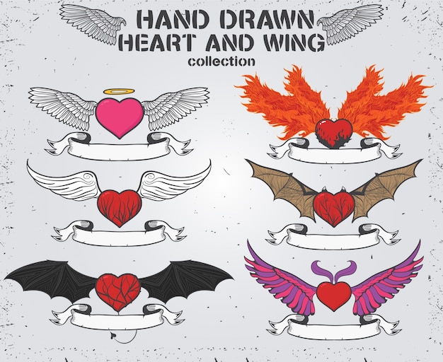 Vector hand drawn heart and wing collection