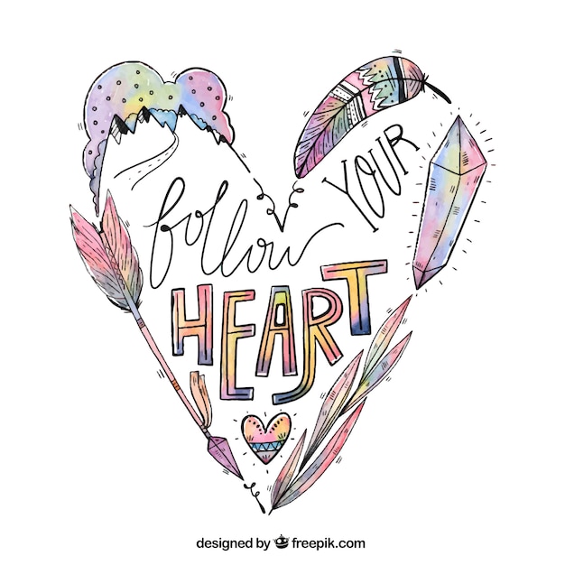 Cuore disegnato a mano con elementi boho e messaggio