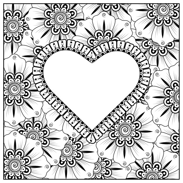 Рука нарисованные сердце с цветком менди. украшение в этническом восточном, каракули орнамент.