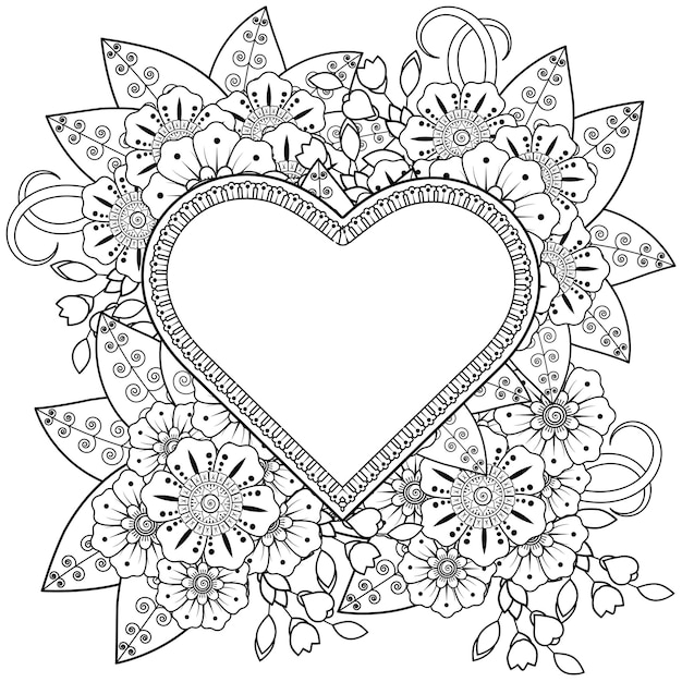 Cuore disegnato a mano con fiori mehndi. decorazione in ornamento etnico orientale, doodle.