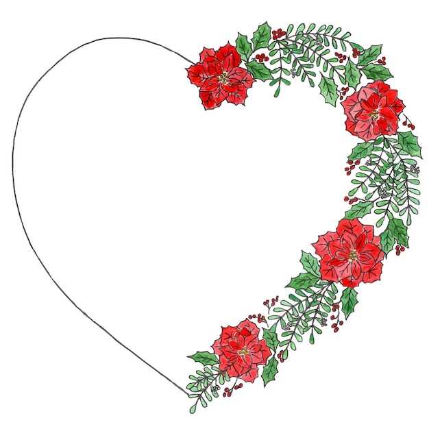 Vector hand drawn heart with mistletoe, holly and pointsettia. liner and watercolor