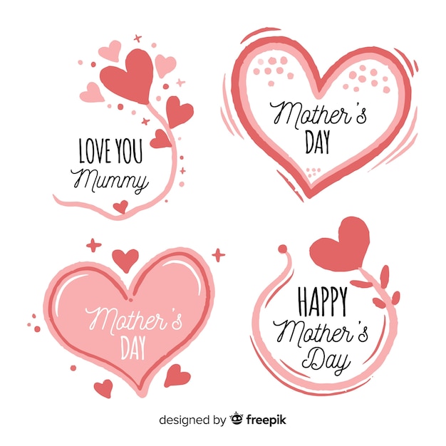 Vector hand drawn hearts and flowers mother's day badge collection