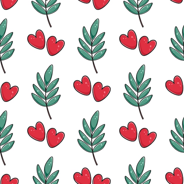 Hand drawn hearts and leaves seamless pattern Background with cute cozy decorative design elements