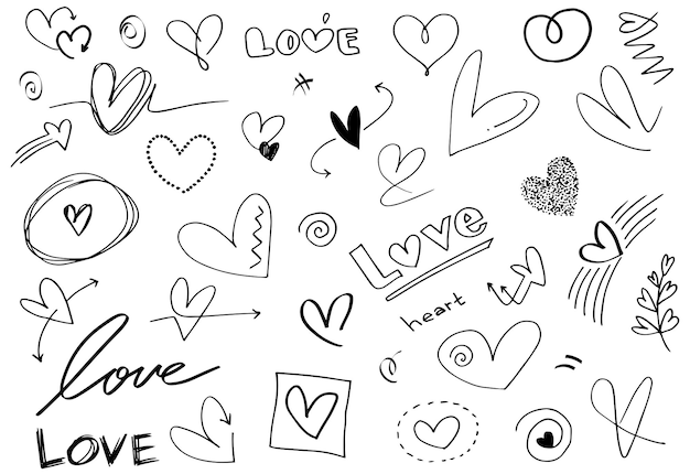 Hand drawn hearts set elements in a hand drawn style for concept designs Scribble illustration Vector illustration