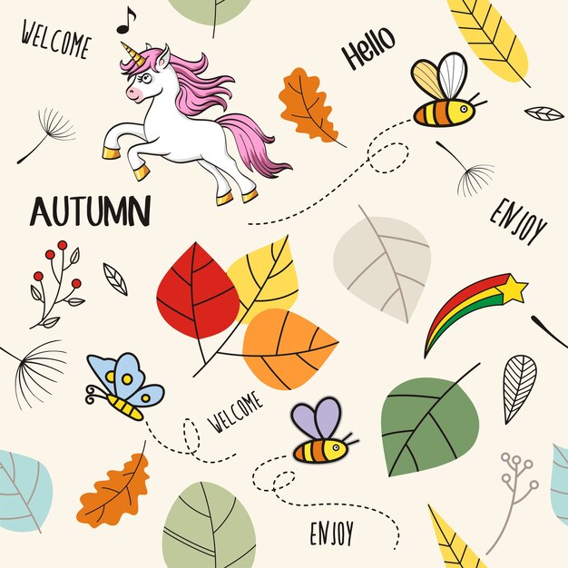 Vector hand drawn of hello autumn, seamless autumn pattern