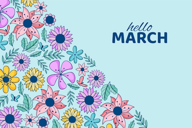 Banner orizzontale o sfondo disegnato a mano ciao marzo