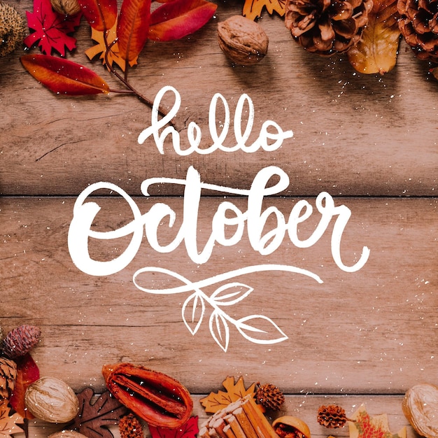 Hand drawn hello october lettering with photo