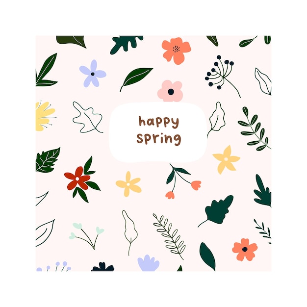 Hand drawn hello spring flowers and leaves isolated on white background. cute hygge scandinavian style template for postcard,  greeting card, t shirt design. vector illustration in flat cartoon style