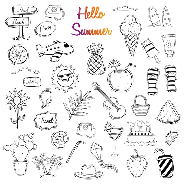 Vector hand drawn hello summer illustration set