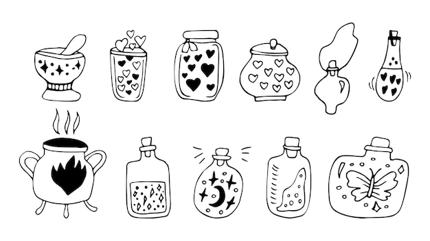 Hand drawn herbal floral clipart collection One line doodle vector set