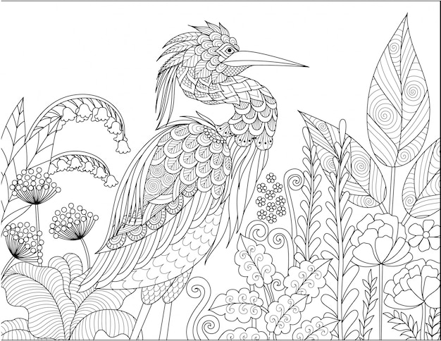 hand drawn heron with floral elements