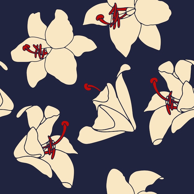 Hand drawn hibiscus flowers seamless pattern. Tropical botanical floral repeat print. Vector