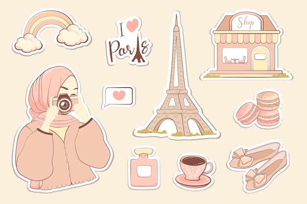 파리 에펠 및 기타 요소로 여행하는 손으로 그린 히잡 소녀 스티커