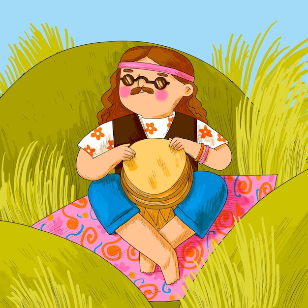 Vector hand drawn hippie cartoon illustration