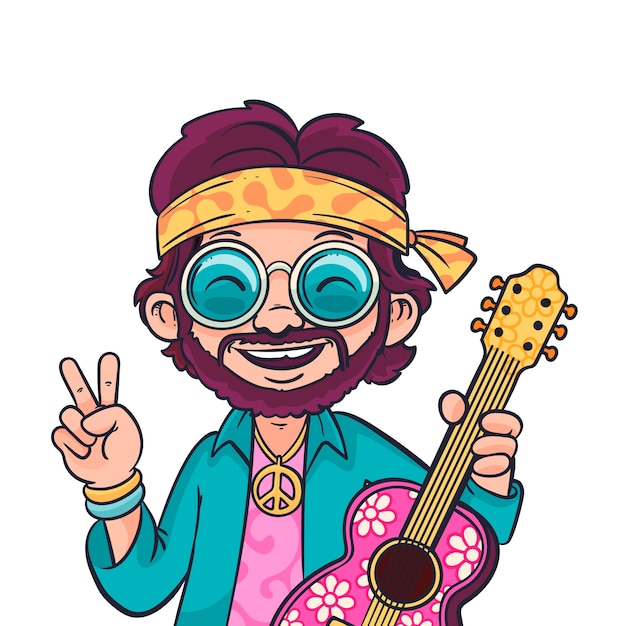 Hand drawn hippie cartoon illustration