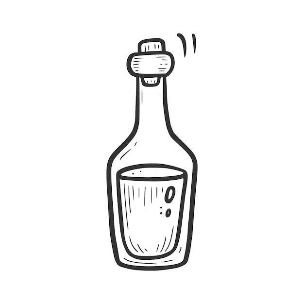 Hand drawn hipster bootle with black liquid. doodle sketch style. drawing line simple bottle icon. isolated vector illustration.