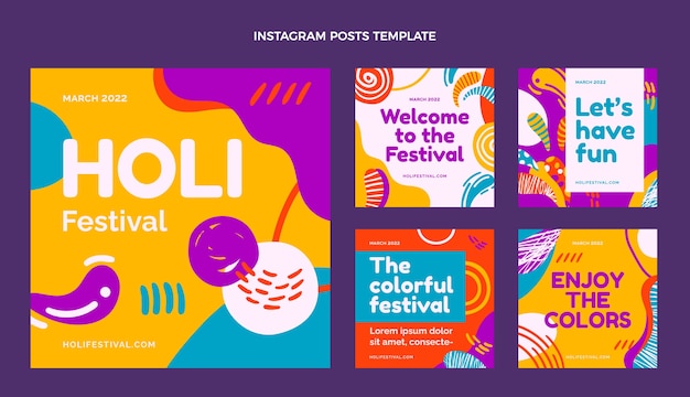 Vector hand drawn holi instagram posts collection