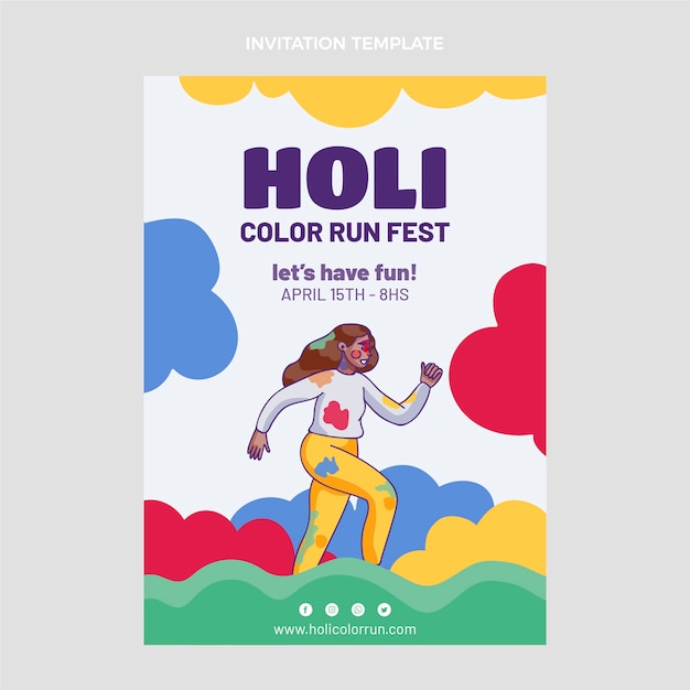 여자와 손으로 그린 holi 초대장 템플릿