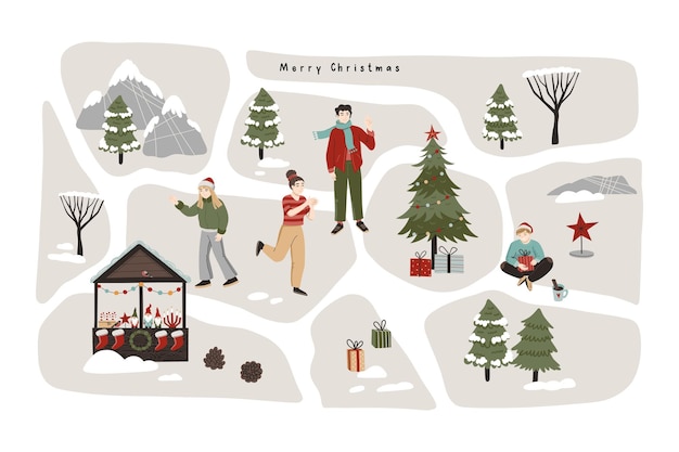 Hand Drawn holiday winter map creator with houses car Christmas market stall pine trees people and outdoor elements Flat illustration for poster greeting card print