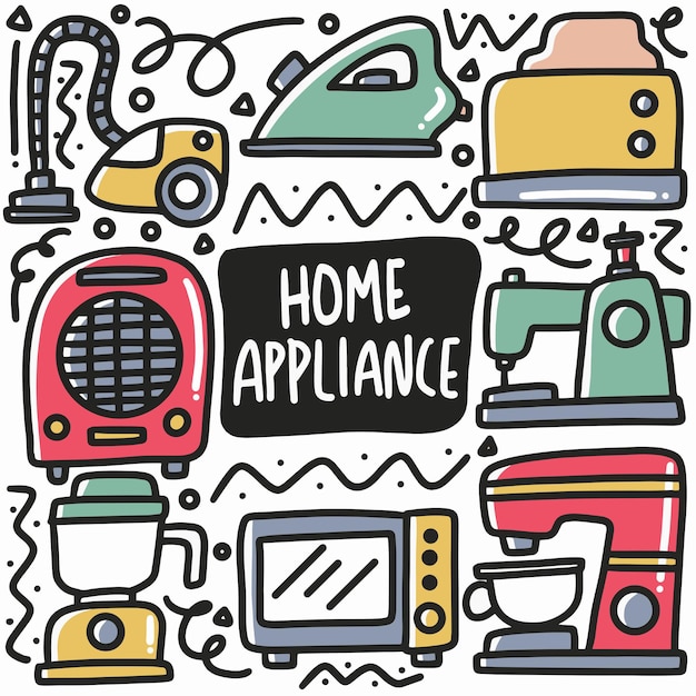 Vector hand drawn home appliance doodle set with icons and design elements