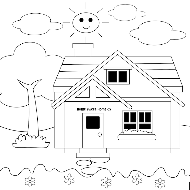 Hand Drawn Home Outline Kids Coloring Page 05