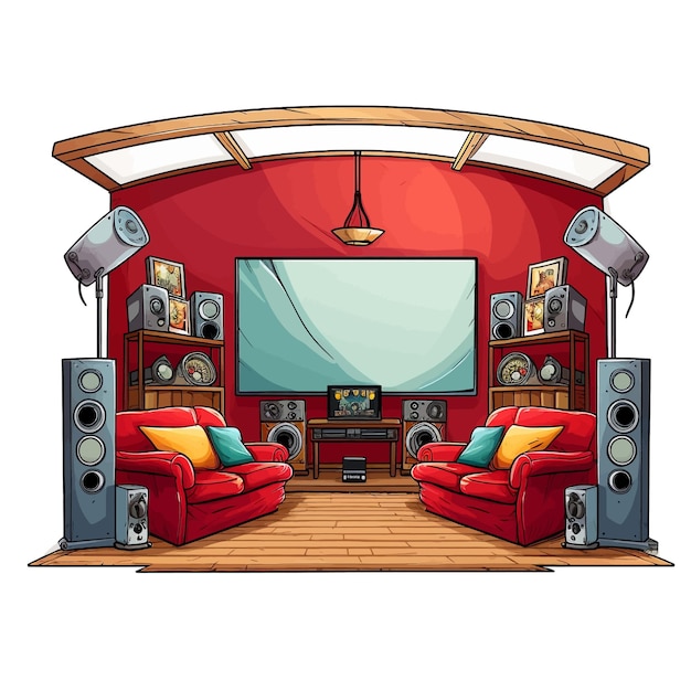 Vettore disegnato a mano home theater cartone animato vettoriale illustrazione clipart sfondo bianco