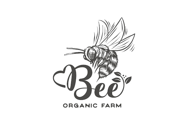 Hand drawn honey bee farming logo with leaves