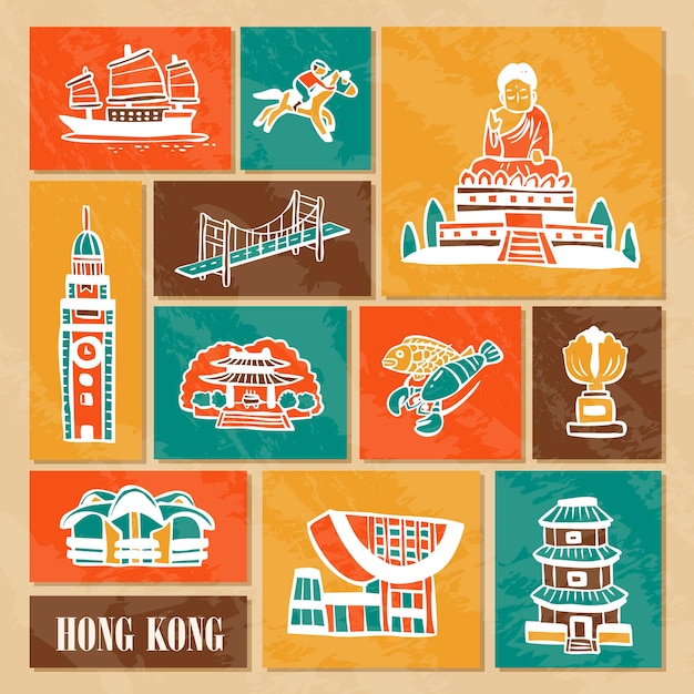 Hand drawn hong kong travel elements collection