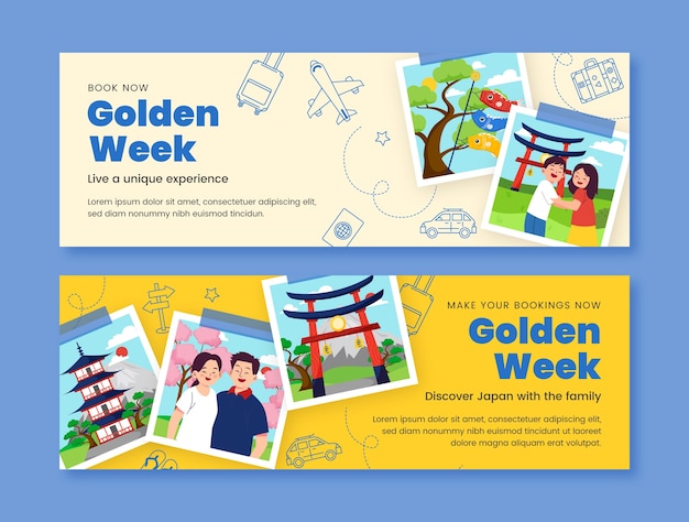 Vector hand drawn horizontal banner template for golden week celebration