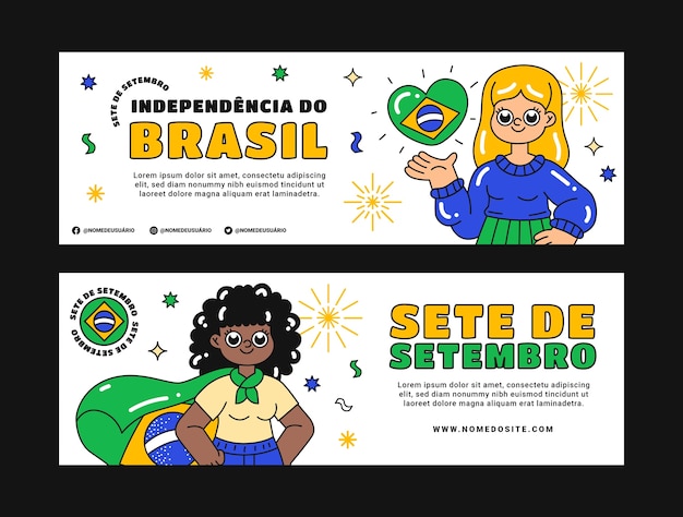 Vector hand drawn horizontal banners set for sete de setembro celebration