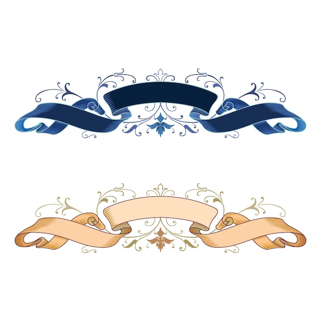 Hand drawn horizontal banners set with retro style ribbons decoration elements isolated vector illustration