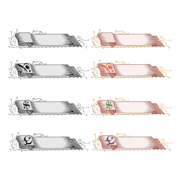 Hand drawn horizontal currency banners set with retro style ribbons decoration elements isolated vector illustration