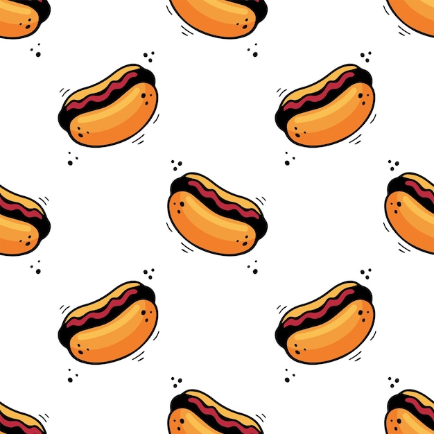 Hand drawn hot dog seamless pattern Comic doodle sketch style Vector Fast food illustration