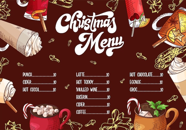 Hand drawn hot drinks Menu Christmas design Template with brushlettering Winter sketch style Vector illustration