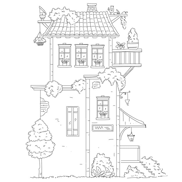 Vector hand drawn house coloring page