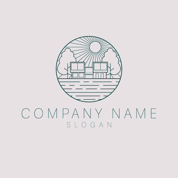 Hand drawn house and trees logo design. Flat logo template. Luxury real estate logotype.