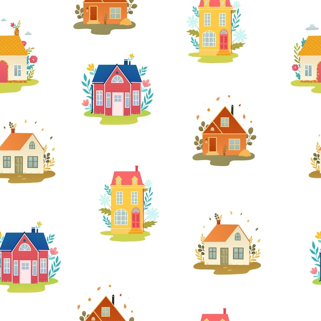 Hand drawn houses, countryside and village cottages on white background. seamless pattern for prints