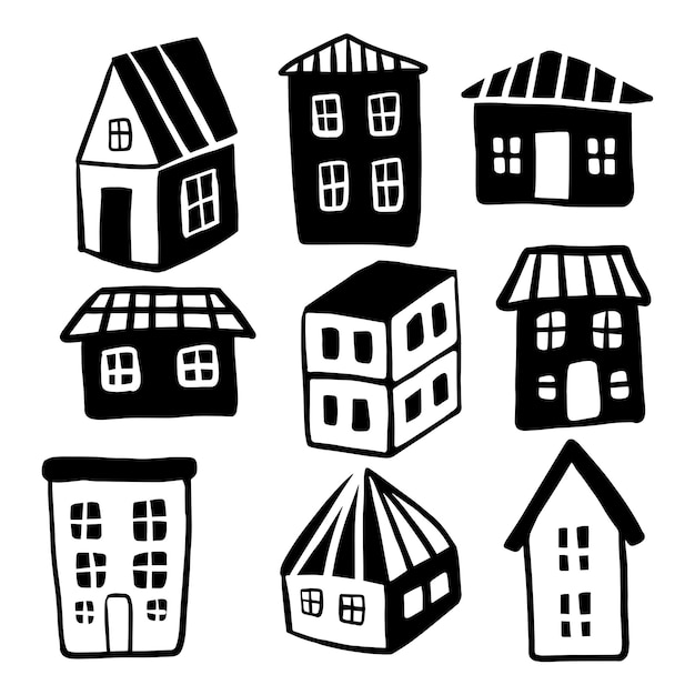 Hand drawn houses silhouettes set