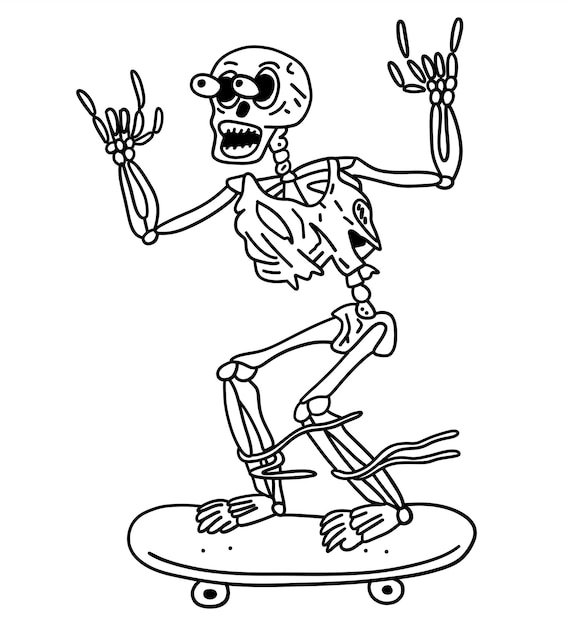 Hand drawn human skeleton riding a skateboard