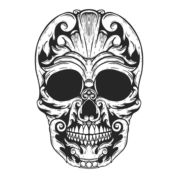 Hand Drawn Human Skull Made floral shapes.