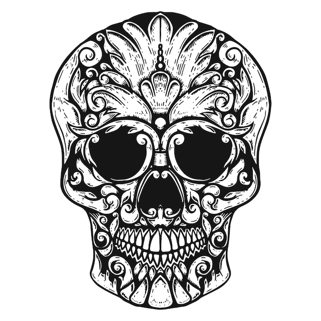 Hand drawn human skull made floral shapes.